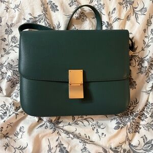 Dark green box leather purse handbag shoulder crossbody bag gold hardware